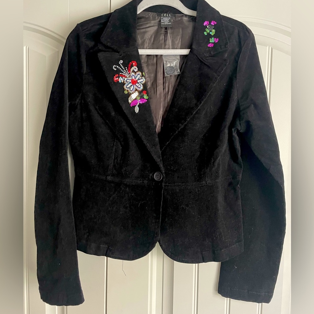 CELL Black short velvet embroidery jacket Size Large